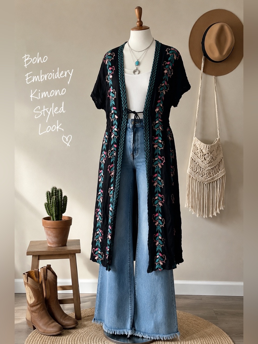 Black Floral Embroidered Kimono